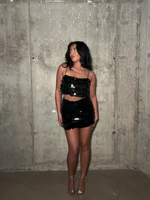 Glamorous Mini Skirts|Black Large-Sequin Low-Waisted Mini-Skirt -