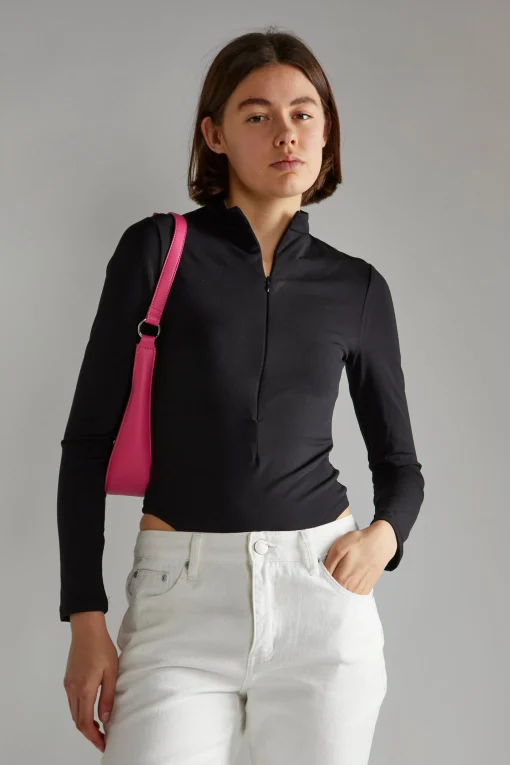 Glamorous Loungewear|Activewear|Black Long-Sleeve Zip-Up Bodysuit -