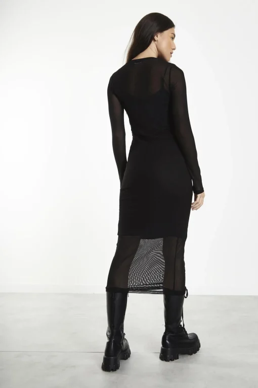 Glamorous Day Dresses|Party Dresses|Black Mesh Crew Neck Midi-Dress -
