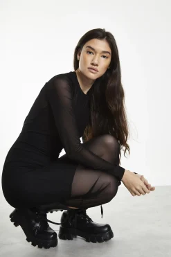 Glamorous Day Dresses|Party Dresses|Black Mesh Crew Neck Midi-Dress -