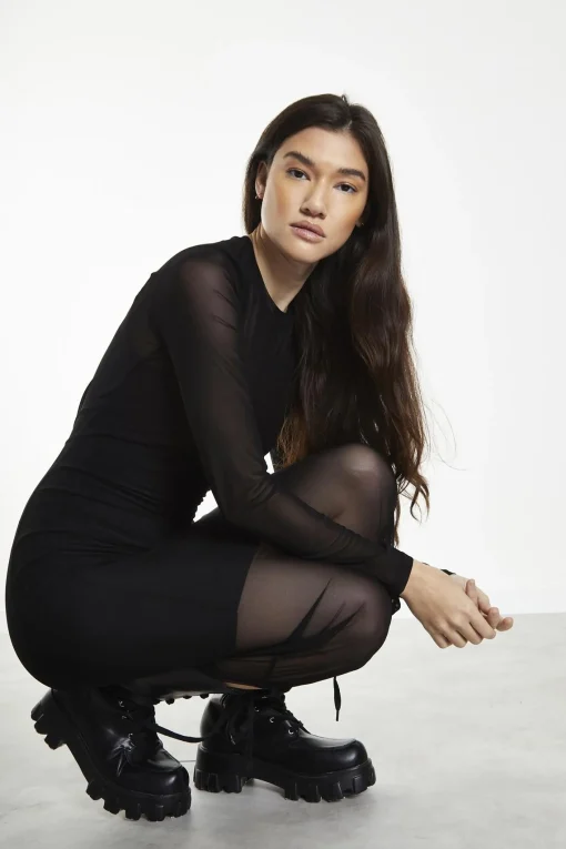 Glamorous Day Dresses|Party Dresses|Black Mesh Crew Neck Midi-Dress -