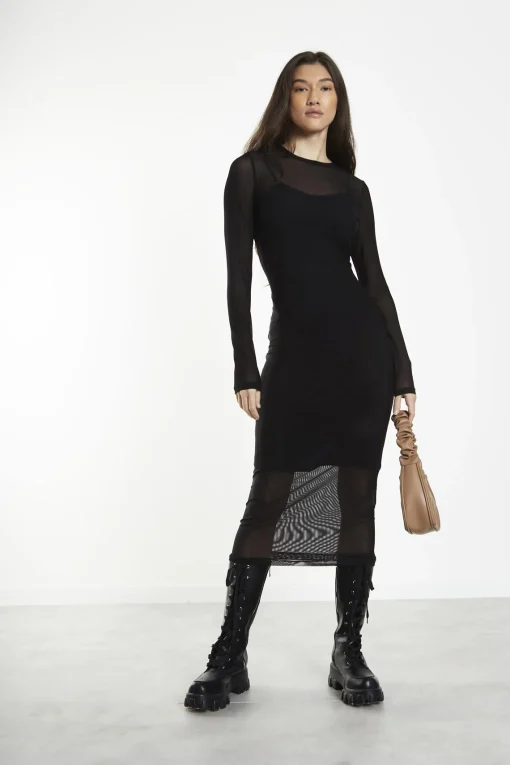 Glamorous Day Dresses|Party Dresses|Black Mesh Crew Neck Midi-Dress -