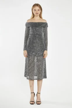 Glamorous Party Dresses|Going Out Dresses|Black Mesh-Sequin Bardot Midi-Dress -