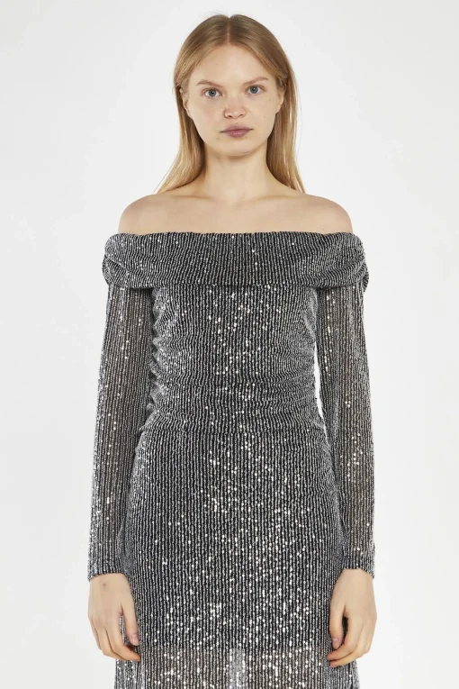 Glamorous Party Dresses|Going Out Dresses|Black Mesh-Sequin Bardot Midi-Dress -