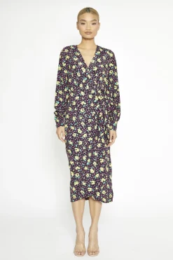 Glamorous Day Dresses|Midi & Midaxi Dresses|Black Multi-Roses Wrap Midi-Dress -