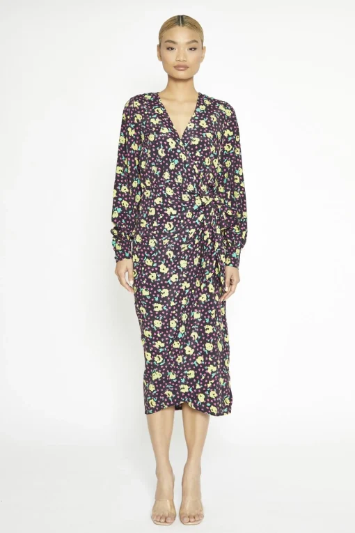 Glamorous Day Dresses|Midi & Midaxi Dresses|Black Multi-Roses Wrap Midi-Dress -