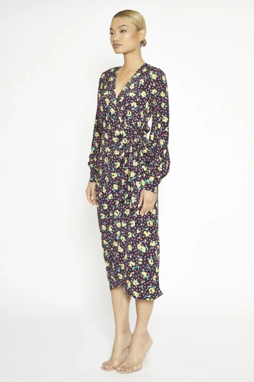 Glamorous Day Dresses|Midi & Midaxi Dresses|Black Multi-Roses Wrap Midi-Dress -