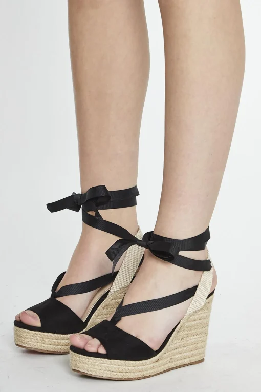 Glamorous Chic Escapes|Heels|Black Open Toe Lace Up Heeled Wedges -