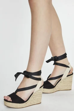 Glamorous Chic Escapes|Heels|Black Open Toe Lace Up Heeled Wedges -