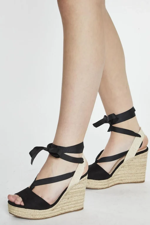 Glamorous Chic Escapes|Heels|Black Open Toe Lace Up Heeled Wedges -
