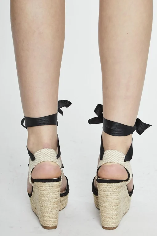 Glamorous Chic Escapes|Heels|Black Open Toe Lace Up Heeled Wedges -