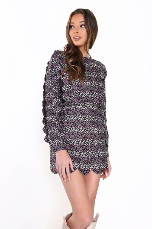 Glamorous Day Dresses|Mini Dresses|Black Plum Floral Scallop Hem Mini Dress -