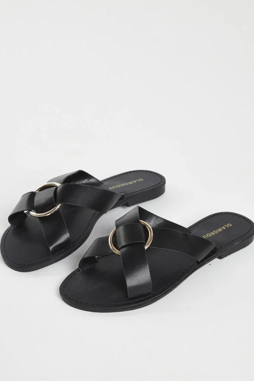 Glamorous Chic Escapes|Flat Shoes|Black PU Flat Sandals -