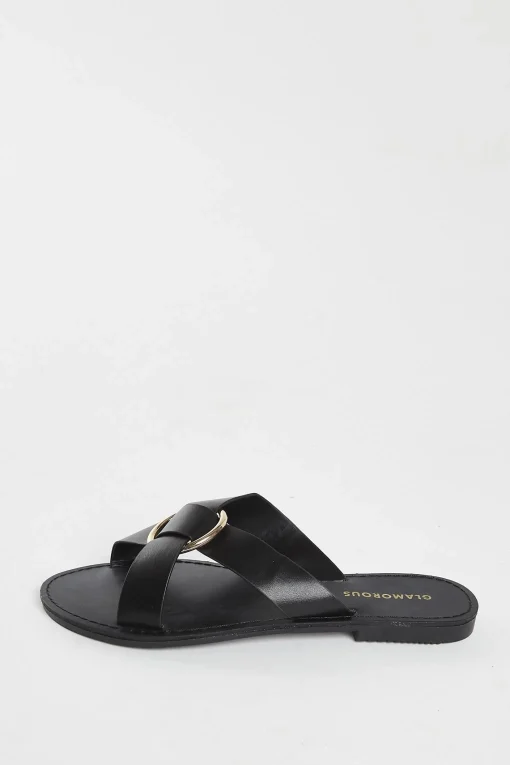 Glamorous Chic Escapes|Flat Shoes|Black PU Flat Sandals -