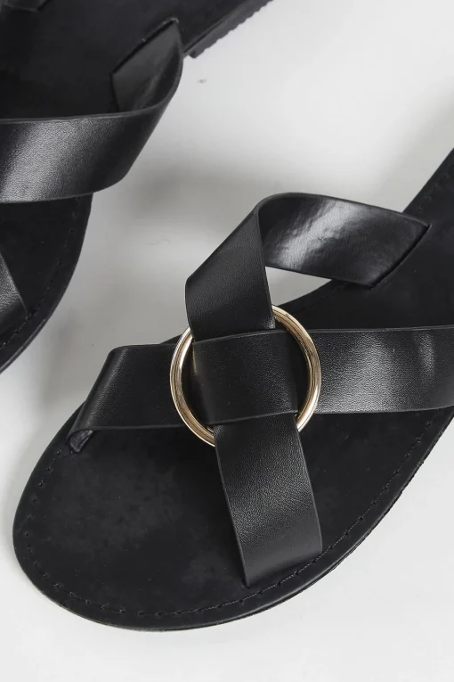 Glamorous Chic Escapes|Flat Shoes|Black PU Flat Sandals -