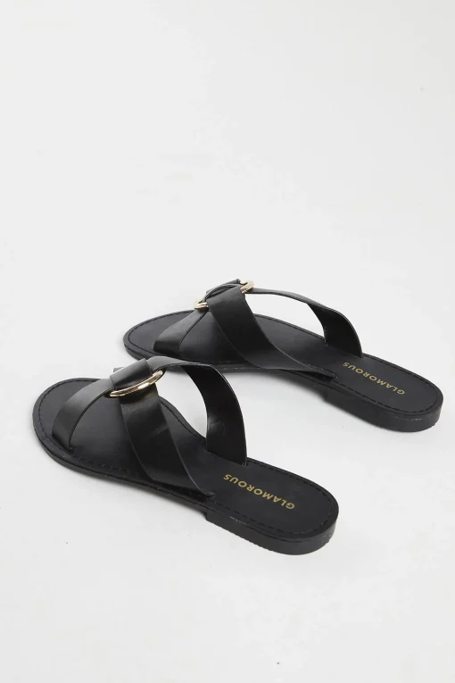 Glamorous Chic Escapes|Flat Shoes|Black PU Flat Sandals -