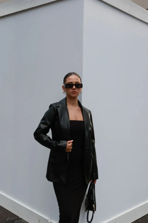 Glamorous Prom|Workwear|Black PU Oversized-Fit Blazer -