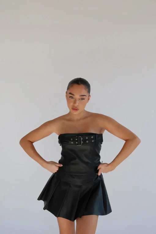 Glamorous Going Out Skirts|Go To Partywear|Black PU Pleated Buckle Mini-Skirt -