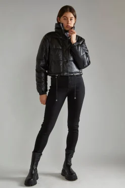 Glamorous Puffer Jackets|Jackets|Black PU Puffer Cropped-Jacket -