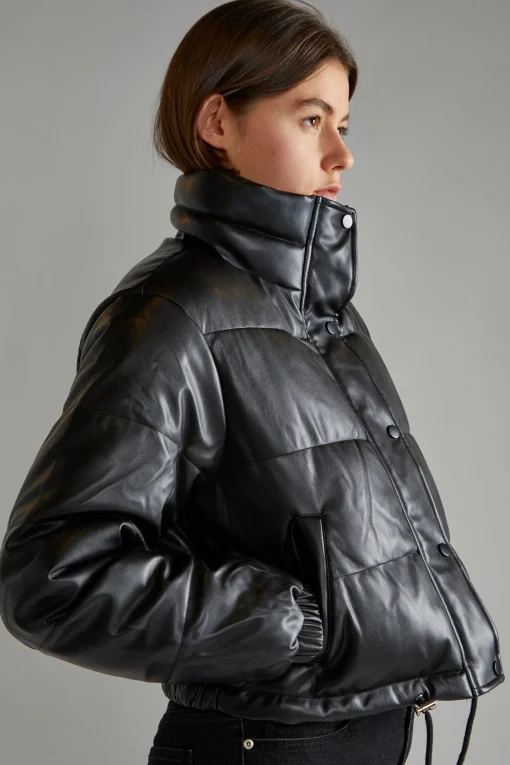 Glamorous Puffer Jackets|Jackets|Black PU Puffer Cropped-Jacket -
