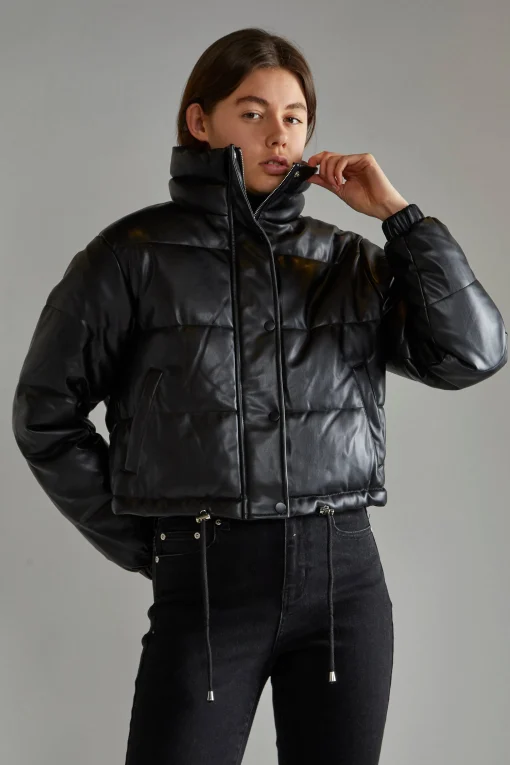 Glamorous Puffer Jackets|Jackets|Black PU Puffer Cropped-Jacket -