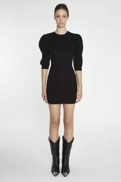 Glamorous Day Dresses|Knitted Dresses|Black Puff-Sleeve Knitted Mini-Dress -