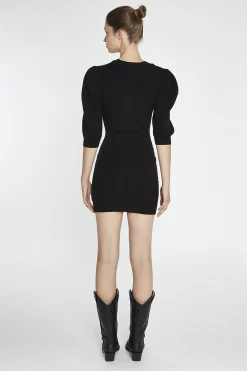 Glamorous Day Dresses|Knitted Dresses|Black Puff-Sleeve Knitted Mini-Dress -