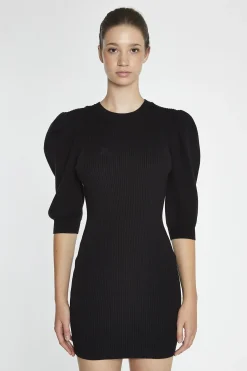 Glamorous Day Dresses|Knitted Dresses|Black Puff-Sleeve Knitted Mini-Dress -