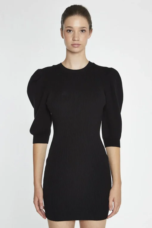 Glamorous Day Dresses|Knitted Dresses|Black Puff-Sleeve Knitted Mini-Dress -