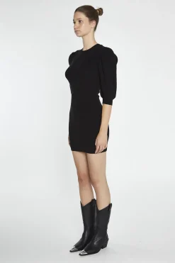 Glamorous Day Dresses|Knitted Dresses|Black Puff-Sleeve Knitted Mini-Dress -
