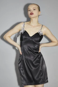 Glamorous Party Dresses|Going Out Dresses|Black Rhinestone-Flower Corset Mini-Dress -