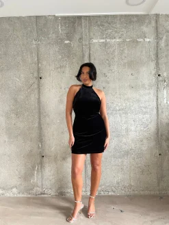 Glamorous Party Dresses|Going Out Dresses|Black Rib-Velvet Halterneck Mini-Dress -