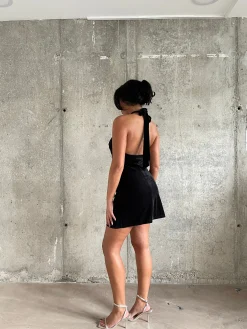 Glamorous Party Dresses|Going Out Dresses|Black Rib-Velvet Halterneck Mini-Dress -