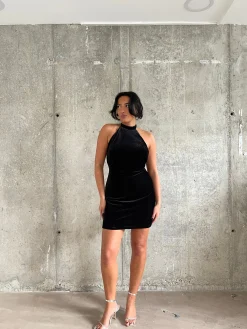 Glamorous Party Dresses|Going Out Dresses|Black Rib-Velvet Halterneck Mini-Dress -