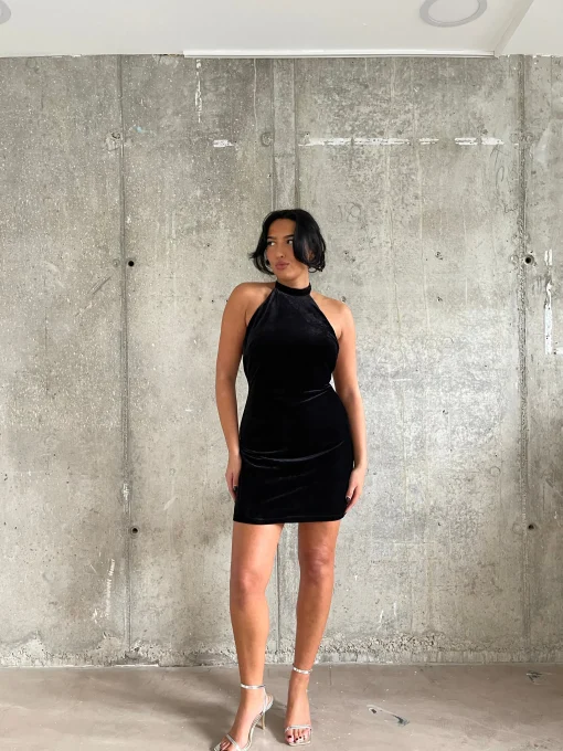 Glamorous Party Dresses|Going Out Dresses|Black Rib-Velvet Halterneck Mini-Dress -