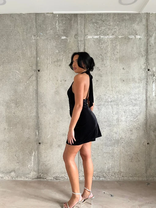 Glamorous Party Dresses|Going Out Dresses|Black Rib-Velvet Halterneck Mini-Dress -