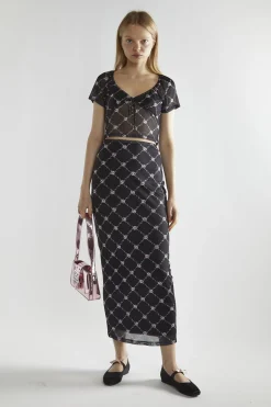 Glamorous Maxi Skirts|Black Rose-Trellis Mesh Bodycon Maxi-Skirt -