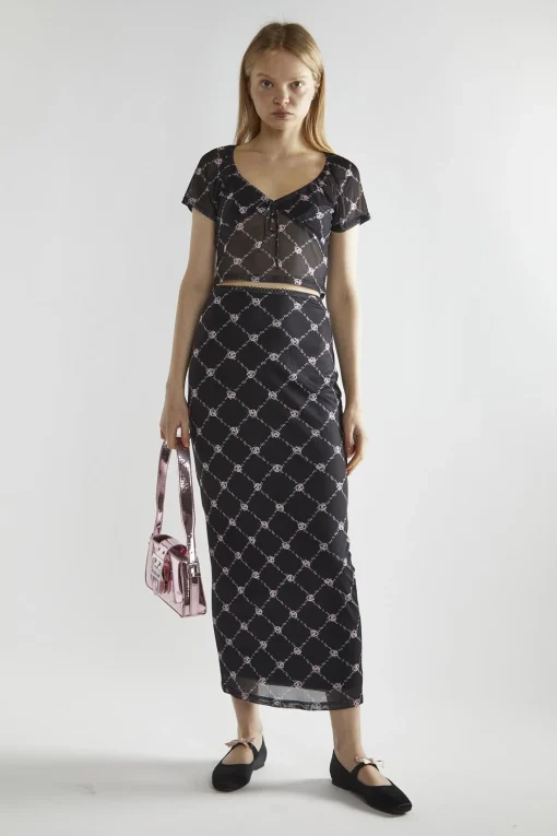Glamorous Maxi Skirts|Black Rose-Trellis Mesh Bodycon Maxi-Skirt -