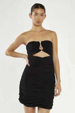 Glamorous Party Dresses|Going Out Dresses|Black Ruched Cut-Out Mini-Dress -