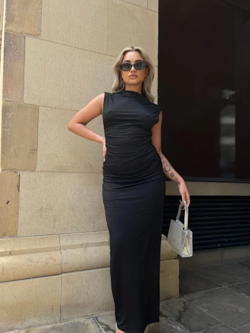 Glamorous Graduation|Going Out Tops|Black Ruched High-Neck Crop-Top -
