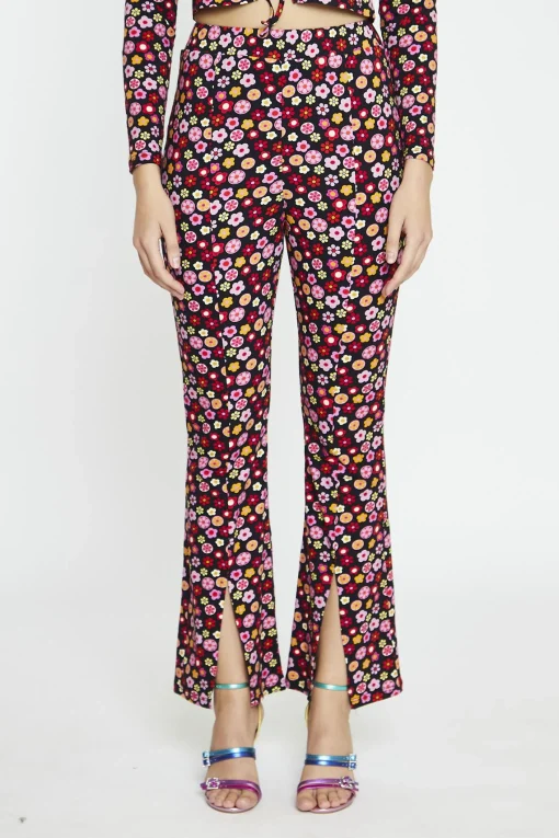 Glamorous Flares|Black 60S Flower Split-Front Flared Trousers -