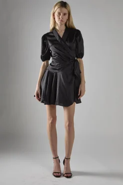 Glamorous Mini Dresses|Mini Dresses|Black Sateen V-Neck Wrap Mini-Dress -