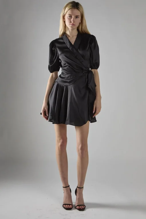 Glamorous Mini Dresses|Mini Dresses|Black Sateen V-Neck Wrap Mini-Dress -