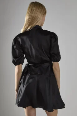 Glamorous Mini Dresses|Mini Dresses|Black Sateen V-Neck Wrap Mini-Dress -