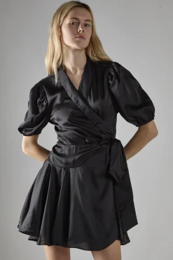 Glamorous Mini Dresses|Mini Dresses|Black Sateen V-Neck Wrap Mini-Dress -