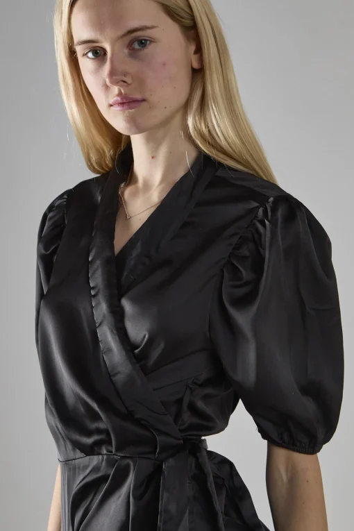 Glamorous Mini Dresses|Mini Dresses|Black Sateen V-Neck Wrap Mini-Dress -