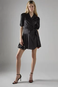 Glamorous Mini Dresses|Mini Dresses|Black Sateen V-Neck Wrap Mini-Dress -