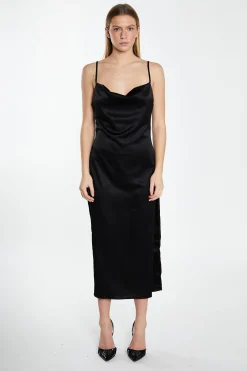 Glamorous Prom|Graduation|Black Satin Cowl Neck Midi Dress -