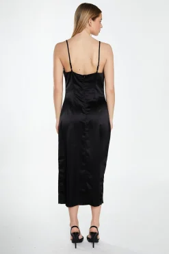 Glamorous Prom|Graduation|Black Satin Cowl Neck Midi Dress -