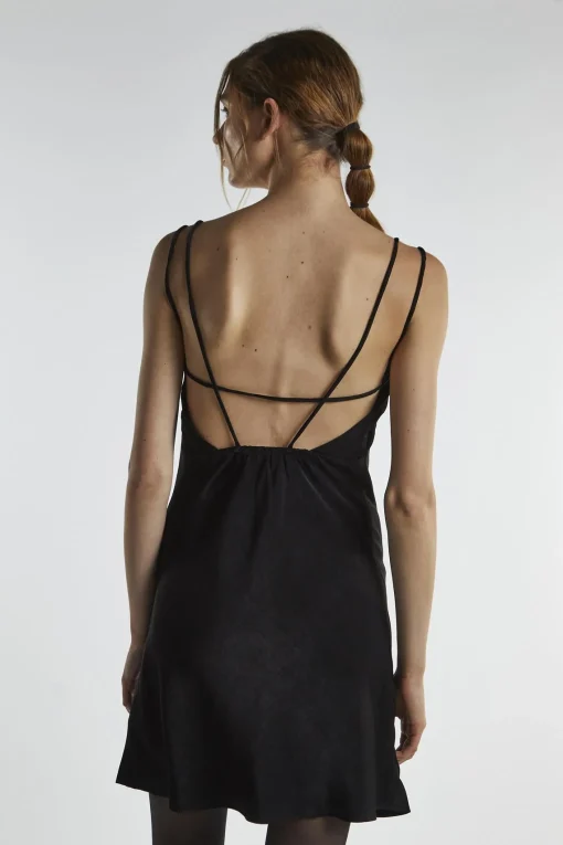 Glamorous Day Dresses|Party Dresses|Black Satin Strappy Mini-Dress -